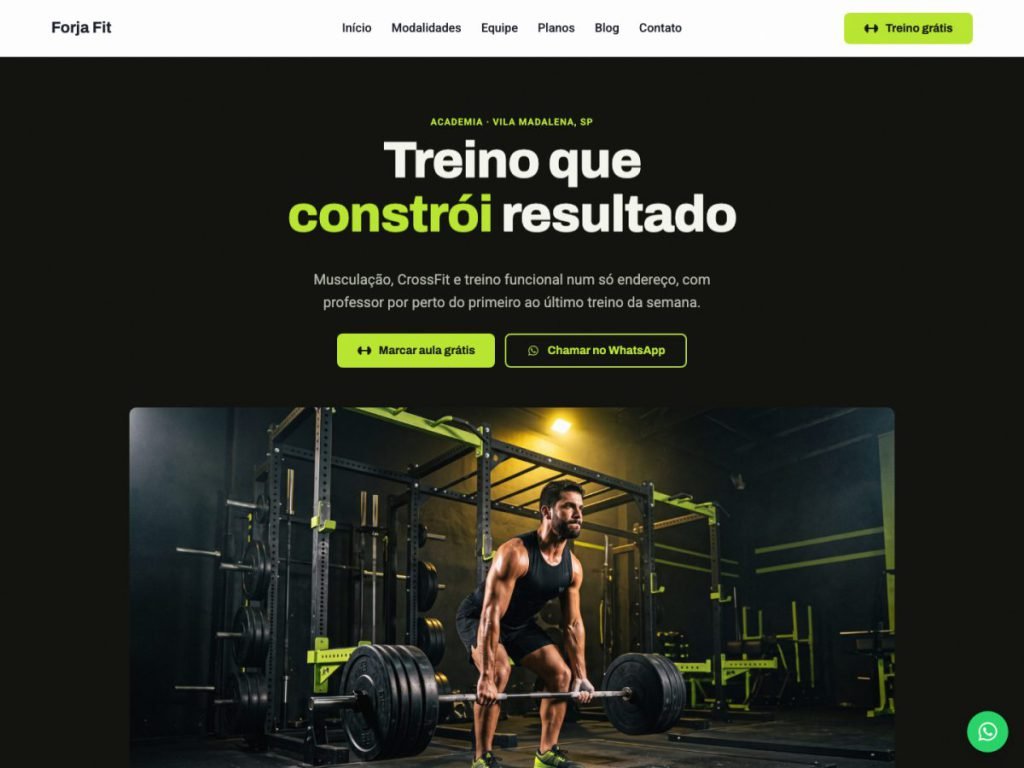 Tela do modelo de site para academia