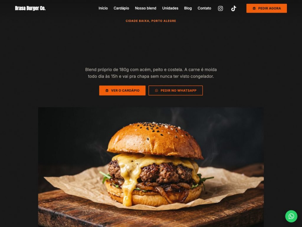 Tela do modelo de site para hamburgueria