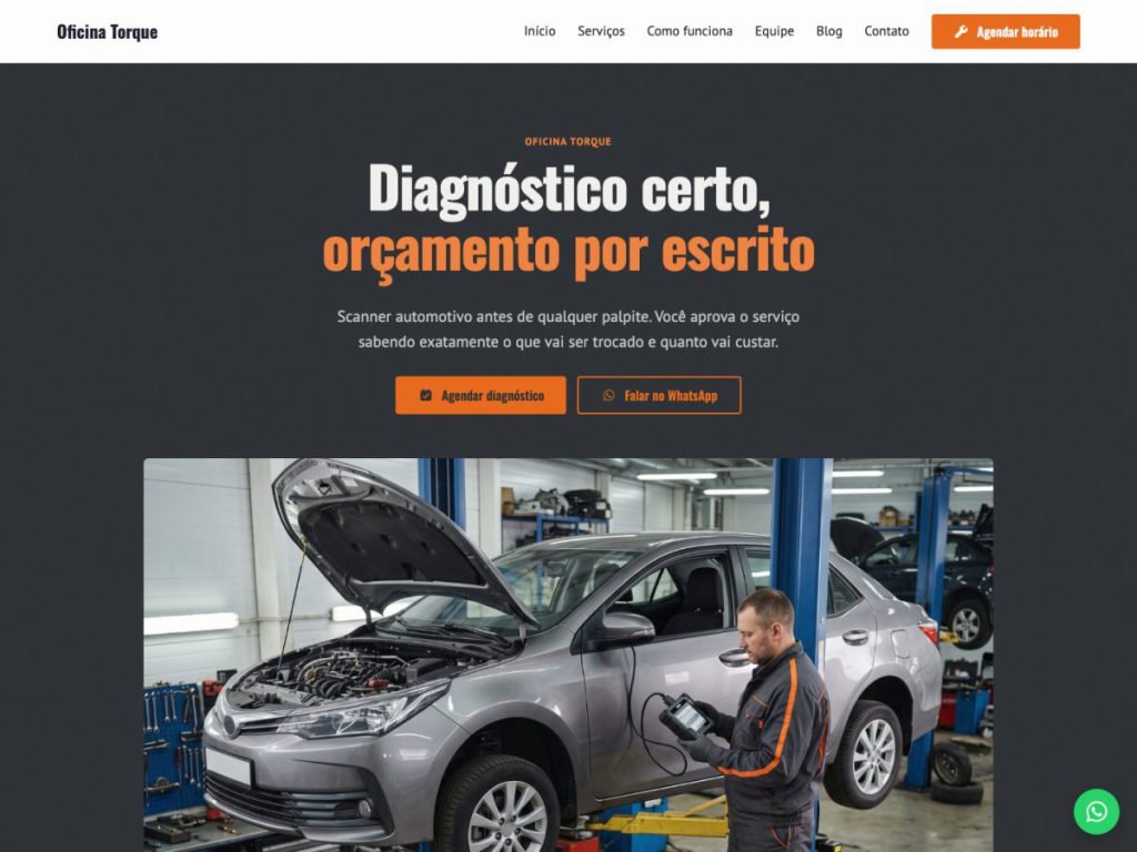Tela do modelo de site para oficina mecânica