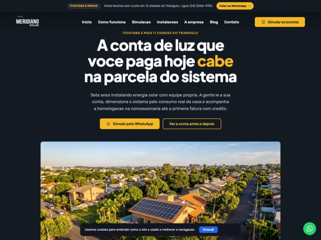 Tela do modelo de site para energia solar